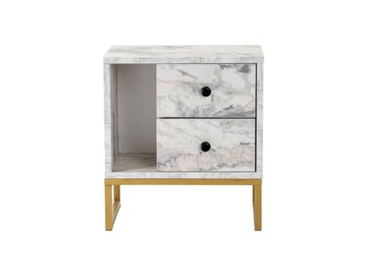 Hanah Home Moderner Nachttisch mit Freesienmarmor- und Goldfinish, 45 x 50 x 30 cm 100% melaminbeschichtete Spanplatte, Metallbeine Elegantes Design