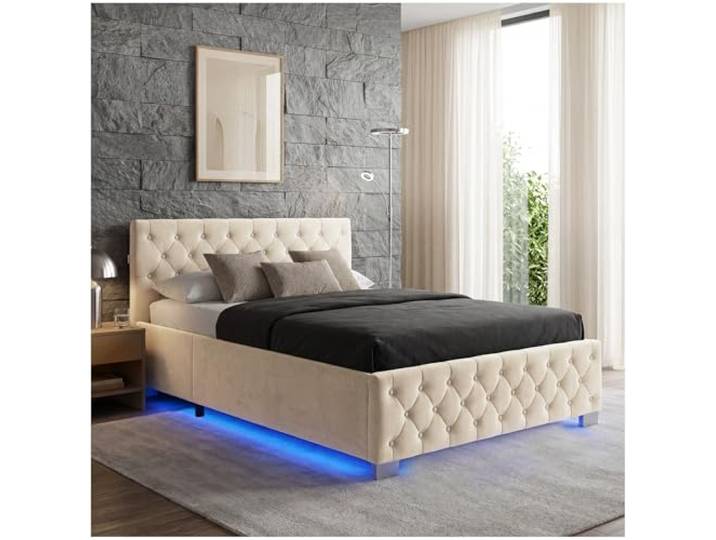 tectake® Polsterbett, 120x200cm, mit LED Beleuchtung, Fernbedienung, Bettkasten, Chesterfield, 200kg Belastbarkeit, Stauraumbett, Gasdruckfeder, Lattenrost, Schlafzimmerbett - Samtoptik Sand