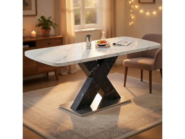 CollaHausse Table Manger Rectangulaire Extensible 120-160cm Marbre Blanc Pieds X Noir