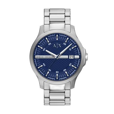 Quarzuhr ARMANI EXCHANGE, silber (edelstahlfarben, blau), Armbanduhren, Herren, edelstahlfarben, Quarzuhr, Armbanduhr, Edelstahlarmband, analog, Tag