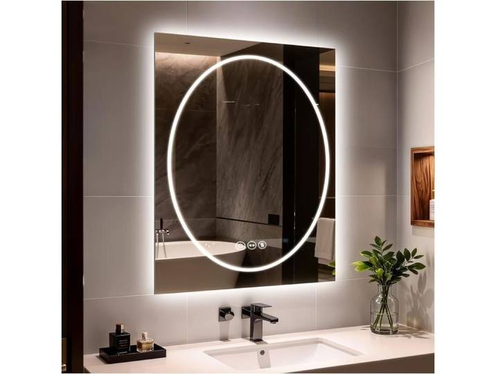 Miroir LED mural - UNHO - 60 x 80 cm - Verre trempé - Anti-buée - Double éclairage avant/arrière