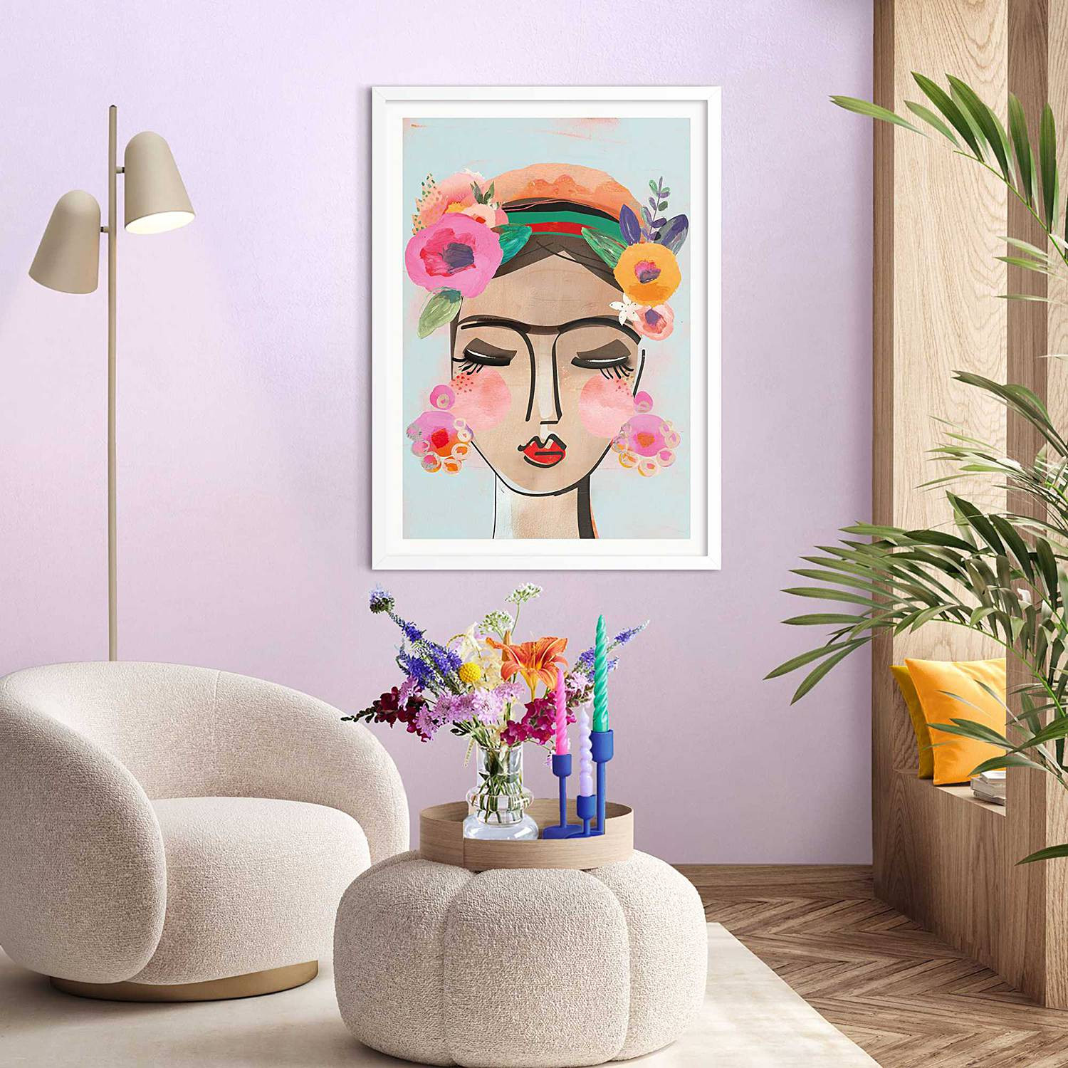 home24 Ingelijste afbeelding Happy Face, abstracte illustratie in meerdere kleuren, houten lijst, 50 x 70 x 2 cm