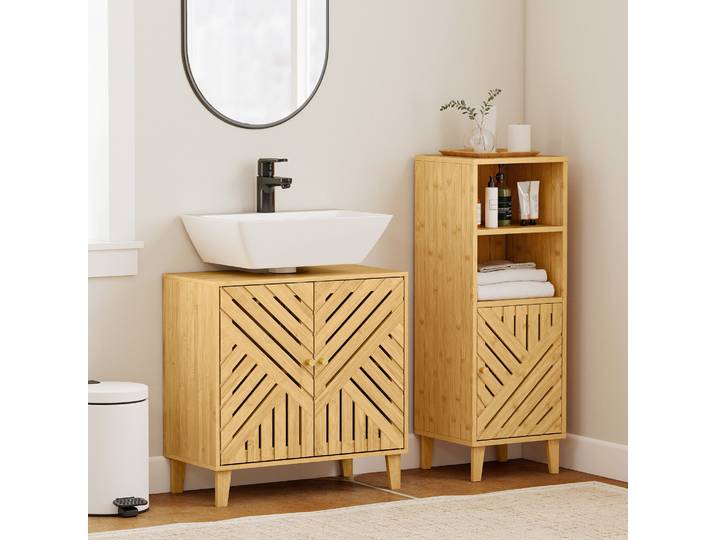 HOMCOM Meuble Sous Lavabo Bambou Blanc avec Étagère 60x30x60 cm