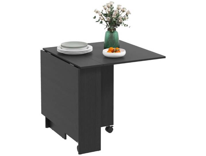Table à manger - Table de repas - Noir - Panneaux mélaminés et Acier - Pliable - À roulettes - Pour les repas en salle à manger