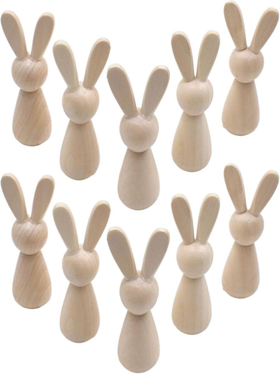 Set van 10 handgemaakte onafgewerkte houten konijnen beeldjes voor decoratie