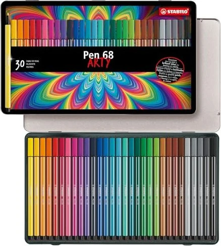 STABILO Pen 68 Pinsel mit flexibler Pinselspitze - Blechschachtel mit 30 Farben