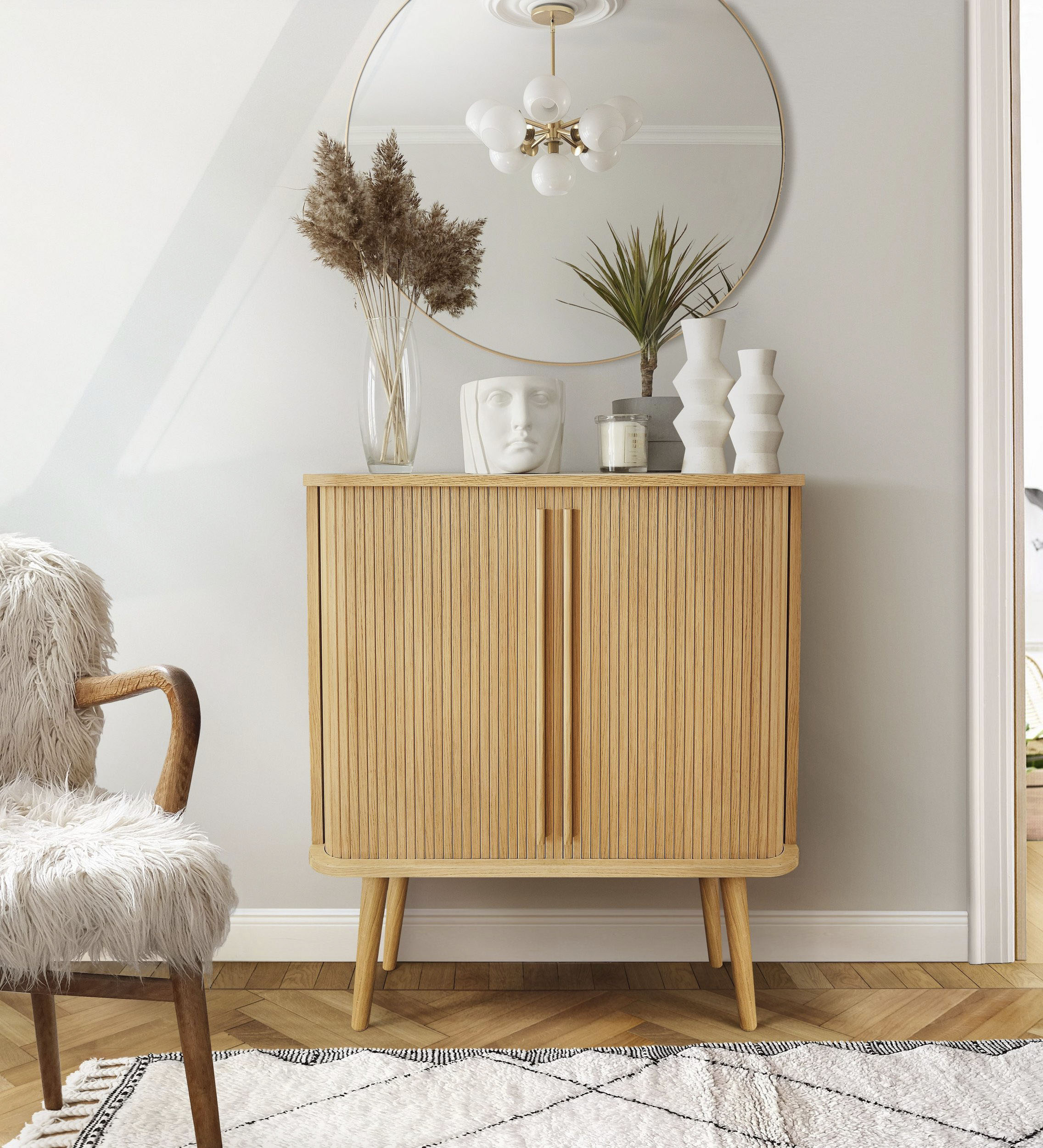 Highboard WOODMAN "Rove", beige (natur), B:83cm H:94,5cm T:40cm, Sideboards, Highboard, Stauraumschrank besonderes Design, Breite 83 cm, mit Eichenholzfurnier natur B/H/T: 83cm x 94,5cm x 40cm, Eiche, 2 Stk.
