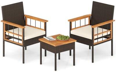 Costway 3 Piece Wicker Furniture Set with Acacia Wood Tabletop and Armrest for Balcony-White