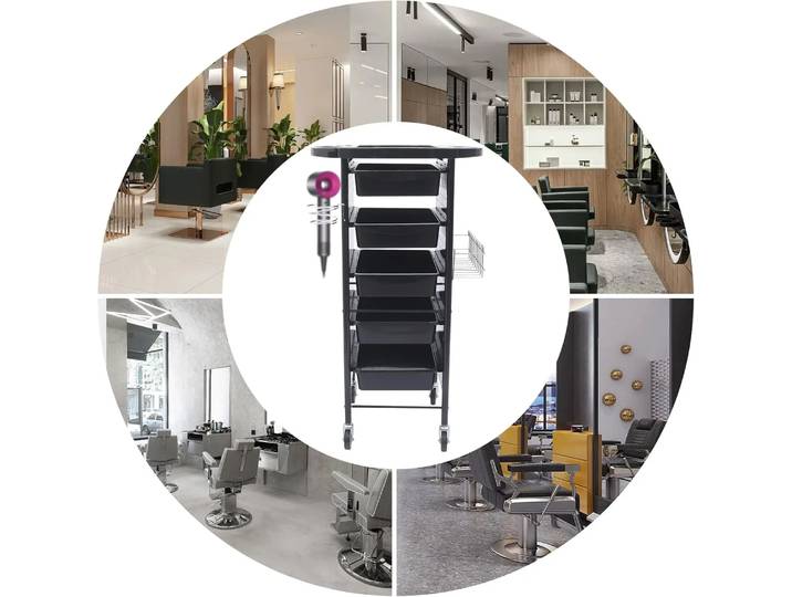 Chariot de coiffure à 6 niveaux, chariot de rangement pour Salon de coiffure avec roulettes, support pour sèche-cheveux, 5 tiroirs, chariot d'aide au Salon