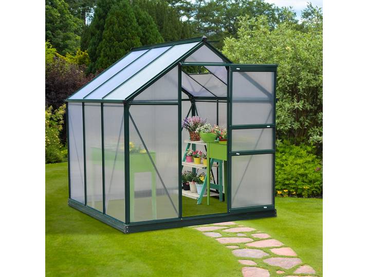 Outsunny Serre Aluminium 3,65m² Lucarne Porte Vert Polycarbonate