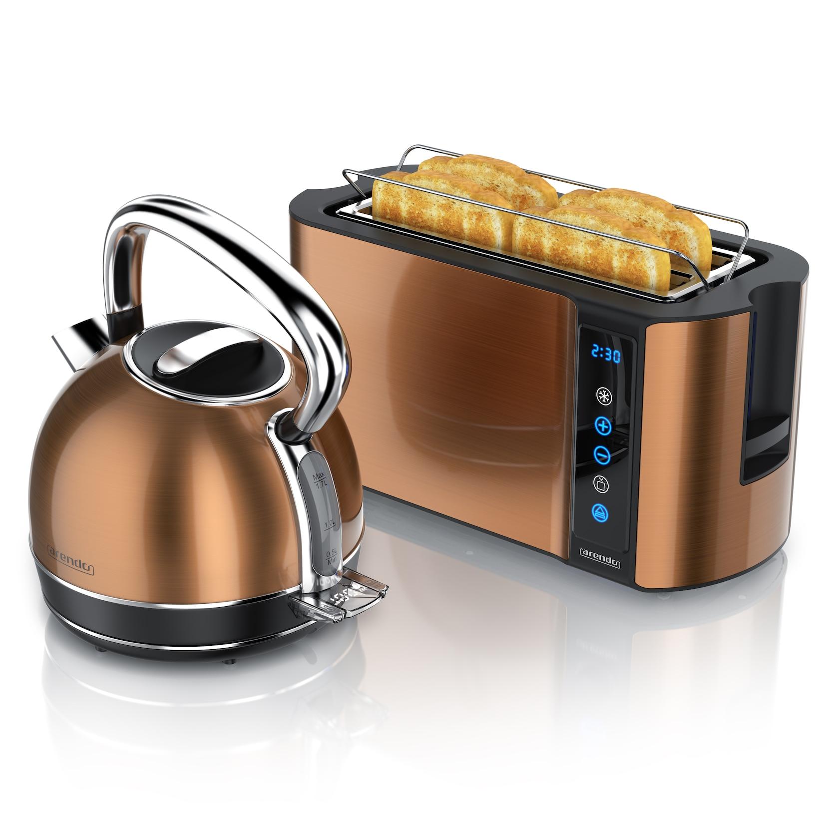 Arendo Frühstücks-Set Edelstahl Wasserkocher 1,7l, 4-Scheiben Langschlitz Toaster, kupfer (2-tlg), Wasserkocher Temperatureinstellung