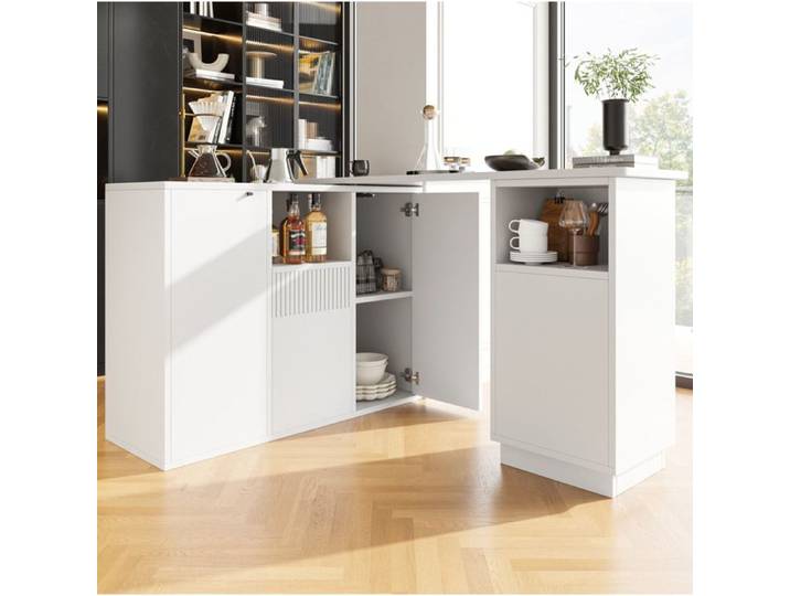 Bar rotatif 360° blanc avec rangements ouverts et plateau effet marbre