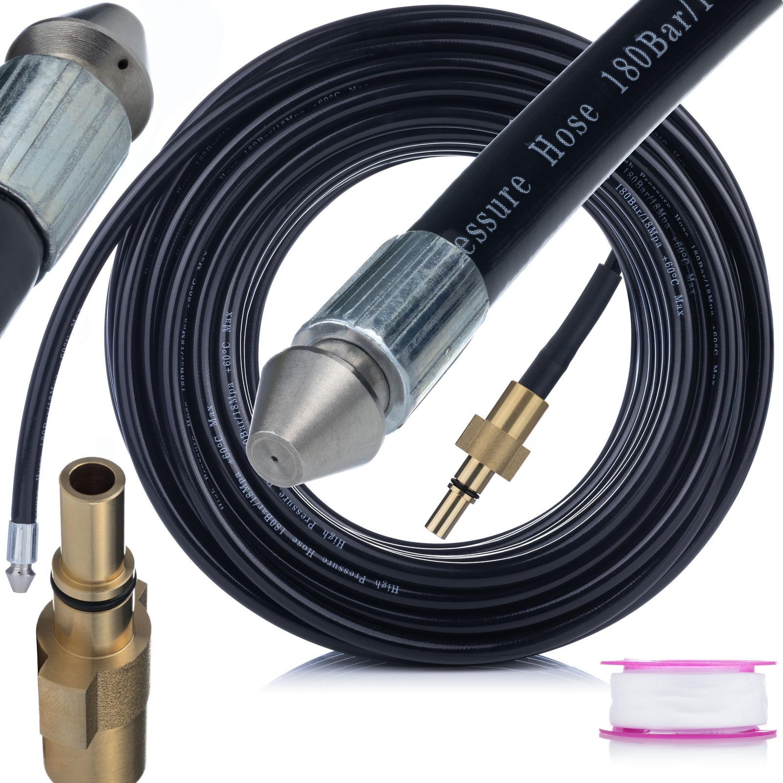 ROSFIX Hogedrukslang Vervanging 35 m 160 bar met 1+3 Spuitmond en Nylon Omsluiting Compatibel met Black&Decker en Stanley Hogedrukreinigers