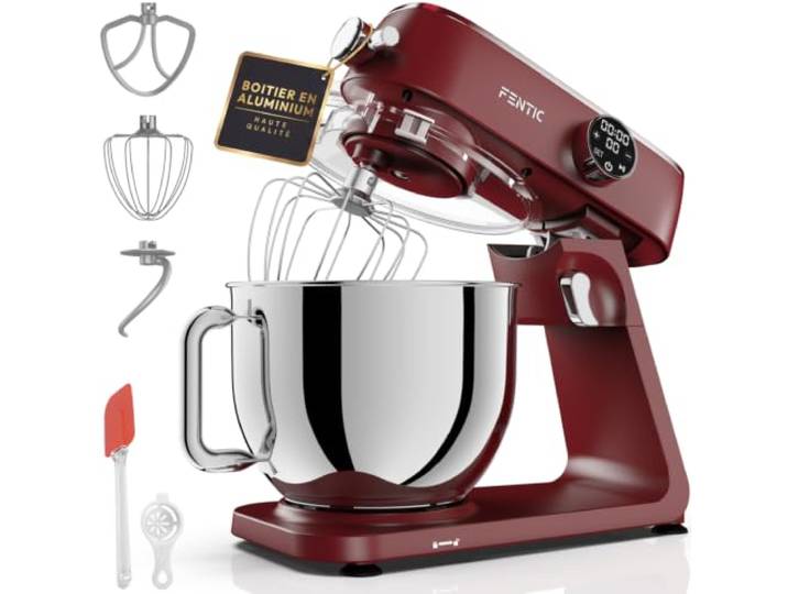 Fentic Robot Pâtissier 1800W\, 7L Bol mélangeur en acier inoxydable\, Robot de Cuisine avec Boîtier en Aluminium\, Avec fouet\, Crochet pétrisseur et Batteur Plat et Accessoires (Rouge)