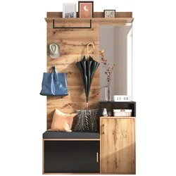 OKWISH Elegante Garderobe mit Spiegel und Stauraum – Schuhregal für 9–12 Paar Schuhe, Garderobenhaken, 105x40x191 cm, Schwarz und Holz