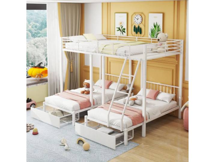 Lit 3 personnes Lit 3 personnes métallique avec tiroirs transformable en 1 lit double 140×200 cm et 2 lits simples 90×200 Blan