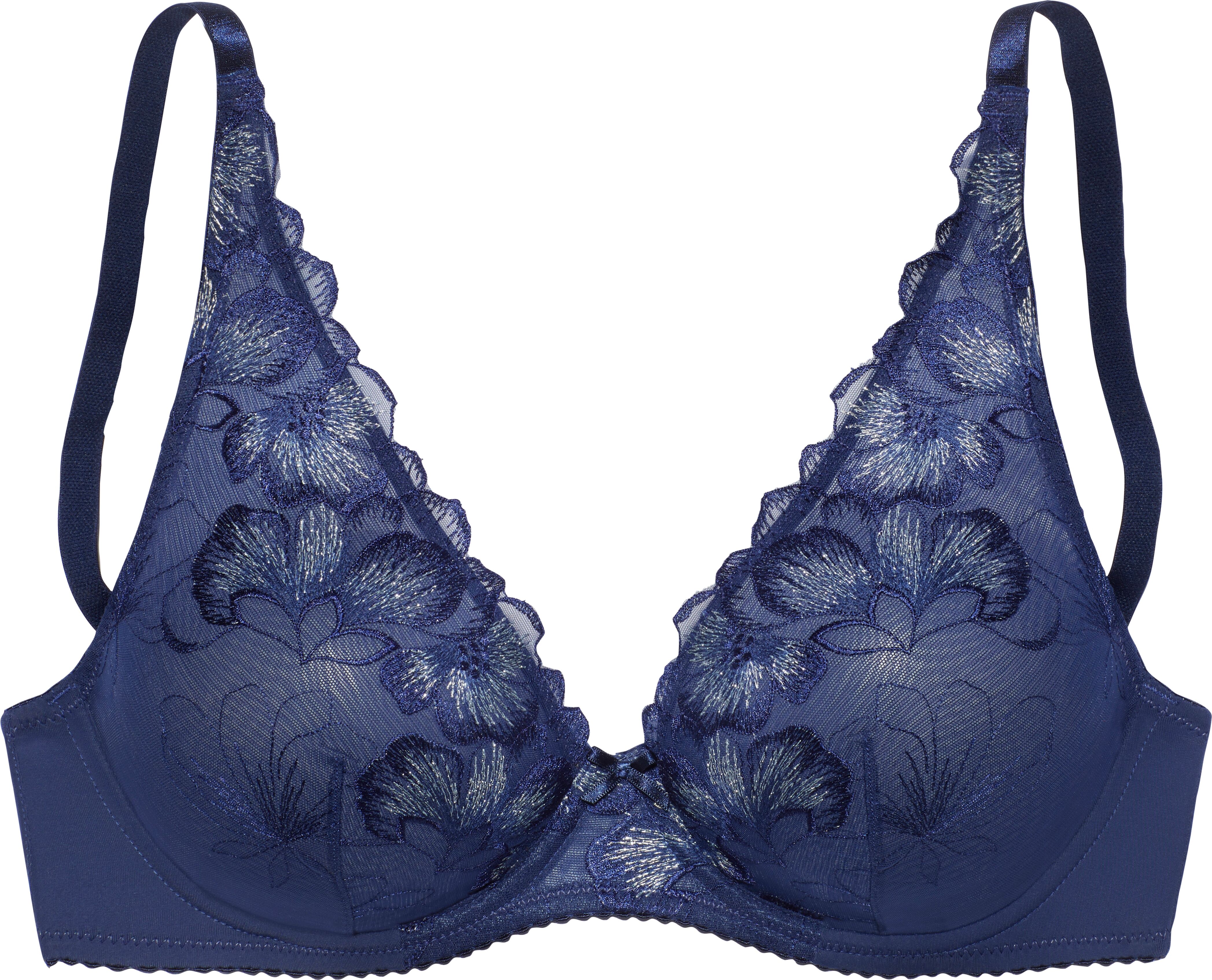 Bügel-BH NUANCE BY LASCANA "BH mit Bügel im High-Apex-Design, Spitzen-BH", Damen, Gr. 85, Cup F, blau, Spitze, Obermaterial: 74% Polyamid, 16% Polyester, 10% Elasthan, BHs Bügel-BH, im High-Apex-Design aus Stickereispitze mit feinen Glitzerdetails blau 85