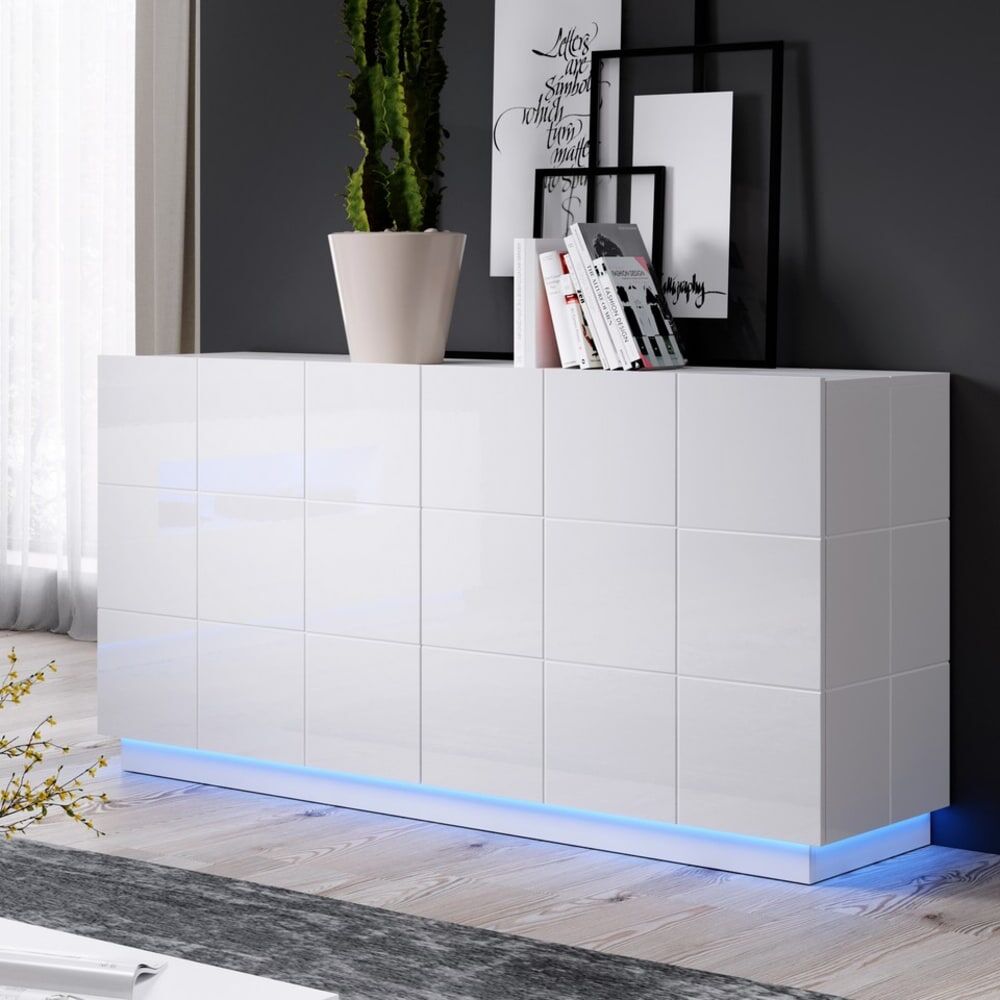 MSO Buffet design blanc brillant led blanc 138cm Blanc 45x80x138cm