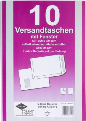 Versandtaschen Eurokuvert, DIN C4, mit Fenster, haftklebend, 10 Stück, Papier, weiß