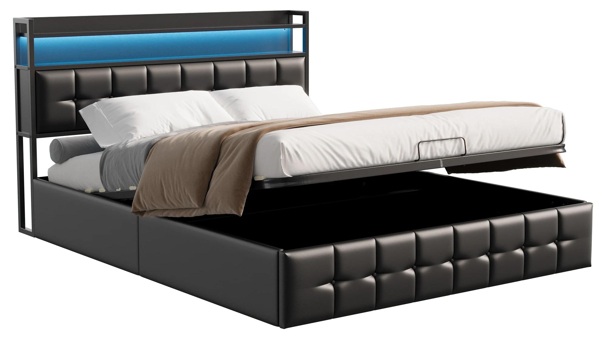 Gepolsterter Bettrahmen - Doppelbett - 160×200 cm - LED-Kopfteil - Stauraum - Kunstleder - Schwarz