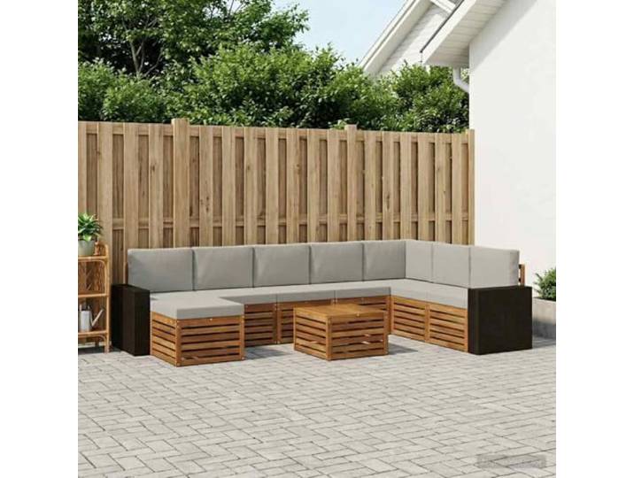 HFMDRMU Outdoor-Sofagarnitur mit Kissen 9-TLG., modulares Sofa Garten aus massivem Akazienholz, natürlicher Holzton mit hellgrauen Kissen, wetterbeständig und pflegeleicht für Terrasse