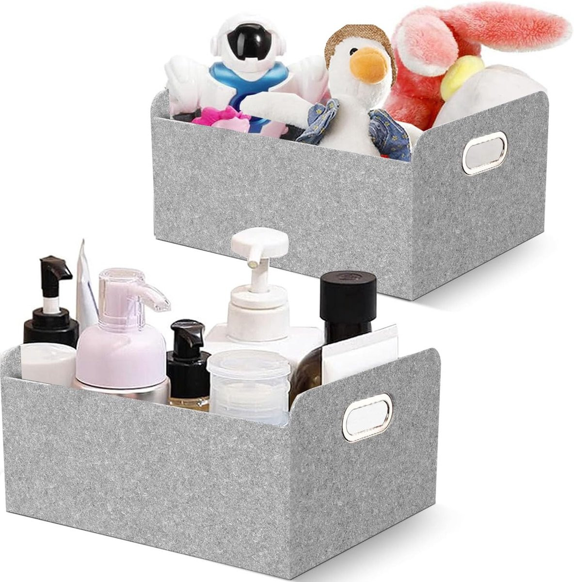 Set van 2 rectangulaire opbergmanden van vilt met metalen handvatten, grijs