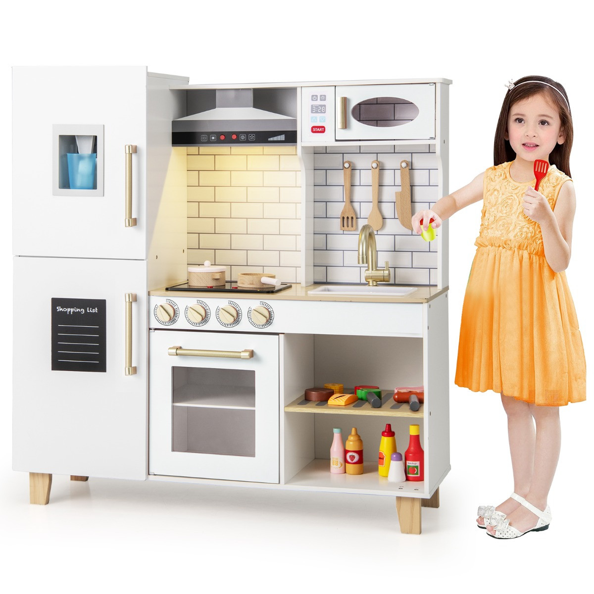 Costway Kinderkeuken Houten Speelkeuken met Ijsblokjesmachine, Afzuigkap, Krijtbord en Barbecue, Wit
