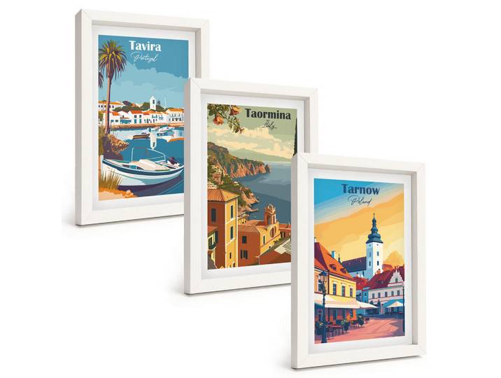 Tulup Bilder SET 3er Set - 20x30 cm Weißer Rahmen - Ansichten von Küstenstädten, Kunststoff, Rechteckig, 20x30 cm, einfache und schnelle Anbringung, Bilder & Rahmen, Bilder