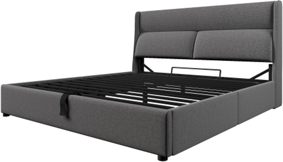Grijs linnen tweepersoonsgepolsterd bed met verstelbare hoofdborden en hydraulisch opbergsysteem, H 113 x B 165 x D 217 cm