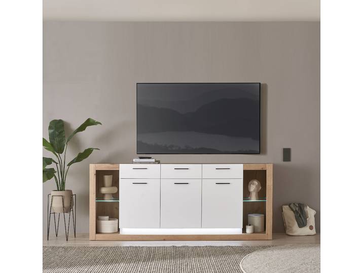 Sideboard HOME AFFAIRE Brixen, moderne Kommode, Stauraumelement in Eiche Evoke Dekor , weiss (eiche evoke, weiß), B:198cm H:83cm T:43cm, Sideboards, Sideboard, Metallgriffe, ausreichend Stauraum, vielseitig einsetzbar