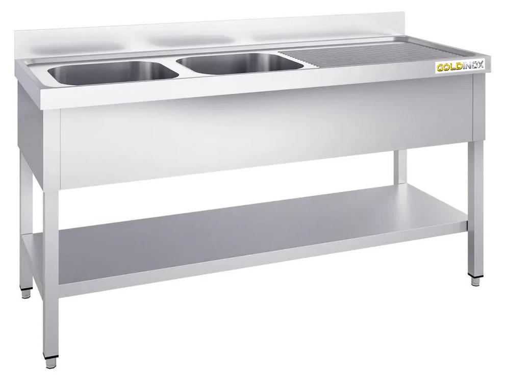 Edelstahl-Spüle, 1800 x 600 mm, mit 2 Becken auf der linken Seite und Abtropfbereich auf der rechten Seite, - GOLDINOX