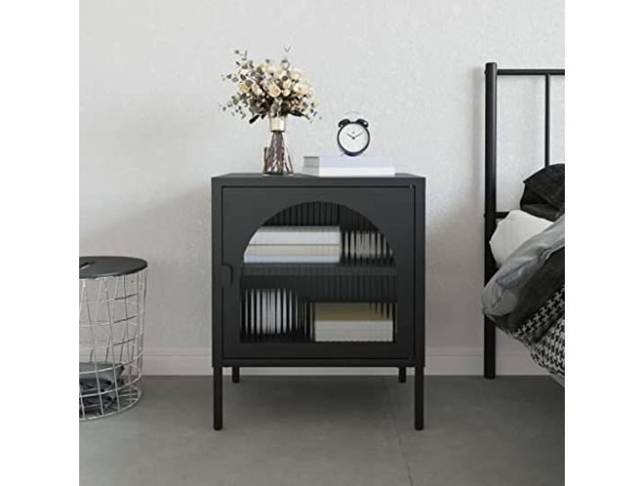 HEFZGDB Nachttisch Schwarz 50x35x60 cm mit Riffelglas und Stahlgestell, Pulverbeschichtung, 1 Einlegeboden, Nivellierer für Stabilität, Stauraum für Bücher und Dekoration, modernes