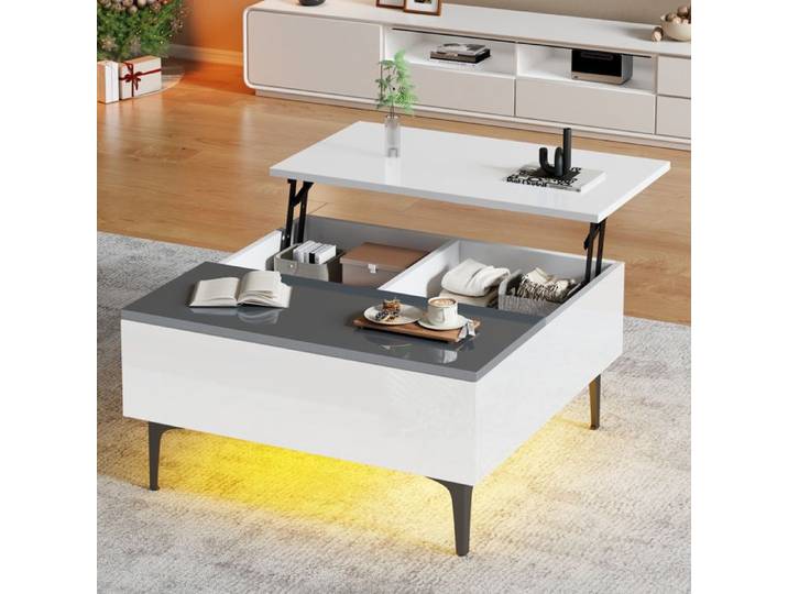 Table Basse Carré - TANANT - Plateau Relevable - Eclairage LED - Rangement Caché - Blanc