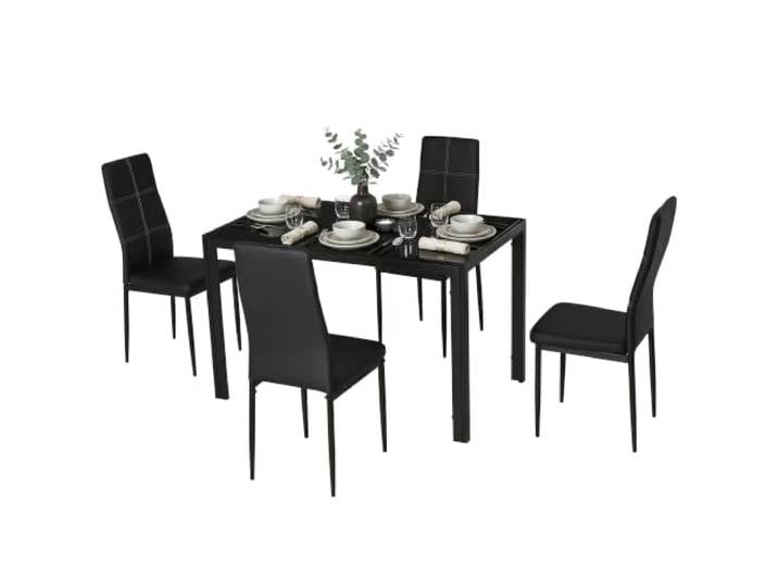 HOMCOM 5-teiliges Esstisch-Set für 4, Glastisch, Schwarz Rechteckig, 4 Stühle, Metallgestell, Kunstlederpolsterung, Esszimmer, Wohnzimmer