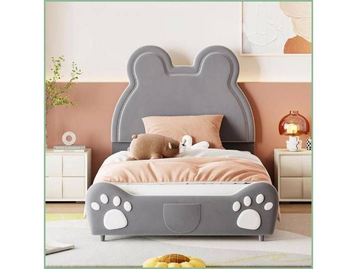 Lit Enfant Pouf en Forme d'Ours - 90x200 cm - Velours Doux - Gris