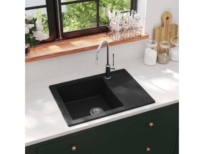 Xolmizyn Küchenspüle Schwarz Granit - Spülbecken mit Abtropffläche Reversibel, Hitzebeständig bis 280 C, Inklusive Siebkörbchen