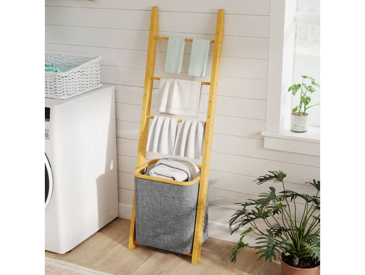 HOMCOM Étagère Bambou Porte-Serviettes avec Panier 48L Gris