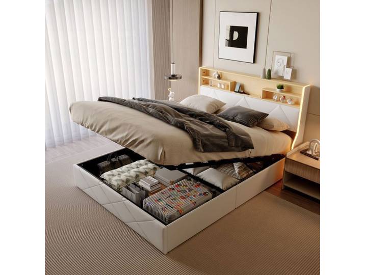 Structure de lit SHAODENG 140x200 cm avec USB LED tissu en PU cadre de lit 140x200cm Blanc