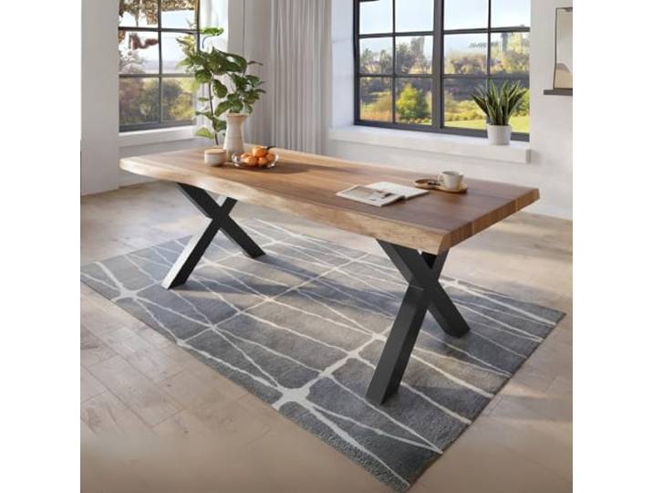 trelevo Esstisch 200x110 Baumkante Akazie natur X-Gestell schwarz