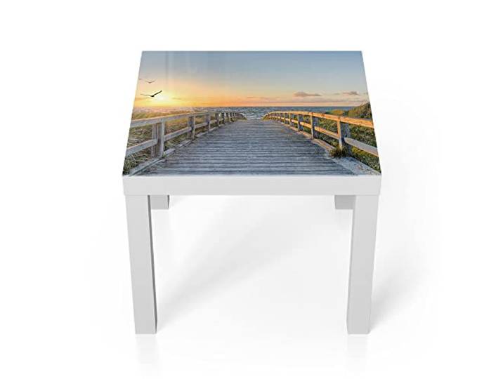 DEQORI Glastisch weiß klein 55x55 cm Motiv Dünenweg zum Meer ausgefallener Beistelltisch aus Glas Hochglanz Couchtisch fürs Wohnzimmer moderner Couch Tisch mit Design