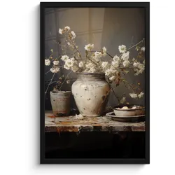 POSTER MIT RAHMEN Stilleben - Blumen - Blumenstrauß - Vase - Wein Bilder mit Rahmen 40x60 cm