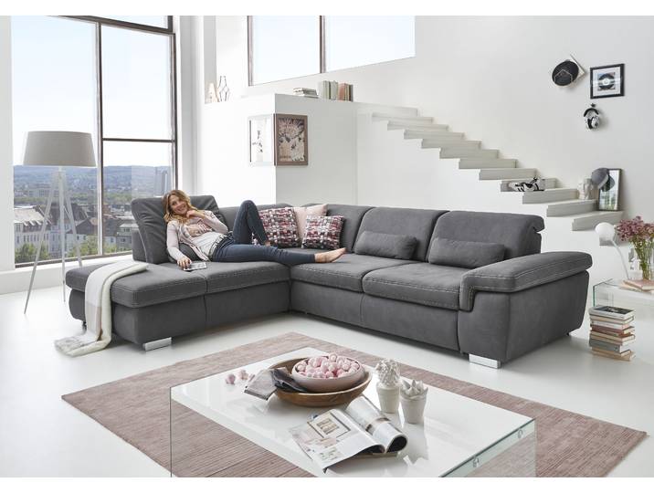 Ecksofa, 100% Polyester, Grau, 320×260 cm, Sitztiefenverstellung & Kopfteilverstellung, Modern