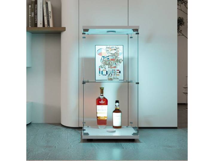 Vitrine en Verre LED Vitrine de collection Vitrine sur pied Vitrine en verre pour collection avec serrure 1 portes 2 étages Blanc