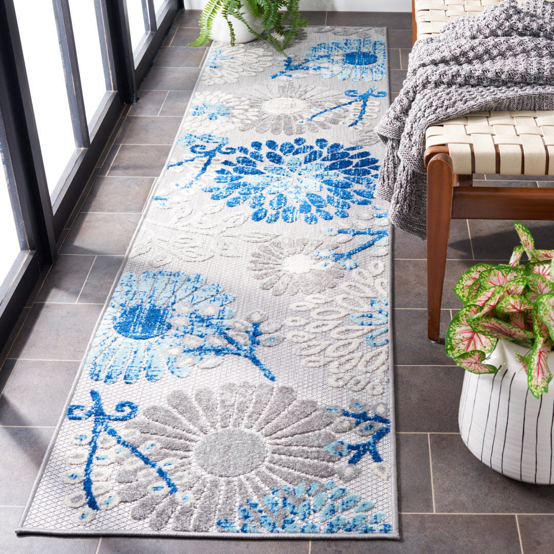 Blue Elephant Kellems Indoor/Outdoor Grey/Royal Blue Rug Gray Runner 61 x 244cm