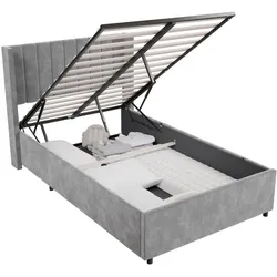 Juskys Polsterbett Savona 120x200 cm mit Stauraum, H3 Matratze, Samt-Bezug, bis 250kg - Hellgrau