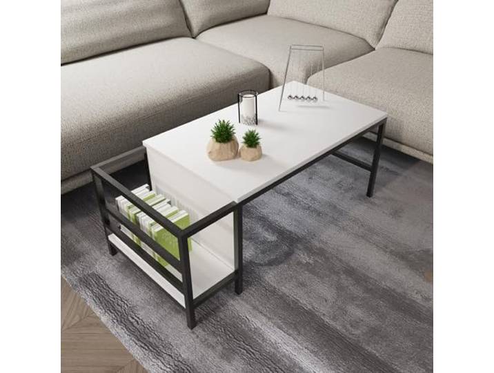 Hanah Home Stylish White Coffee Table, 110 x 60 x 50 cm 100% Melamine Coated Particle Board, 18 mm Thick Durable Electrostatic Powder Coated Metal Legs Modern Design for Living Room