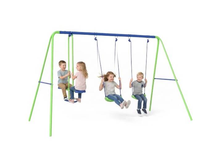 Outsunny Balançoire Portique Extérieur Enfant 3 en 1 Charge 180 kg Vert 1 balançoire face à face et 2 sièges de balancelle\, balançoire enfant extérieur cadre en A métal\, hauteur réglable\, 3+ans