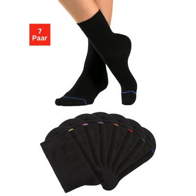 Basicsocken H.I.S "Damen Herren Klassische Socken, Strümpfe", Damen, Gr. 39-42, schwarz (7x schwarz), Baumwollmischung, unifarben, elastisch, Socken, mit eingestrickter farbiger Spitzennaht