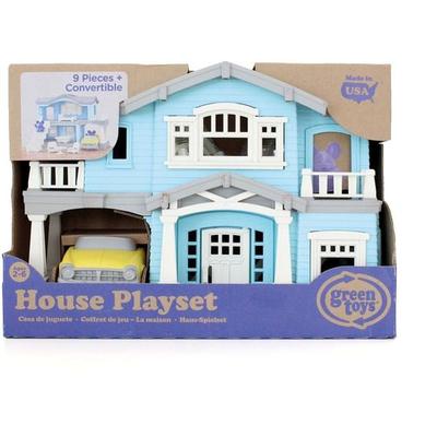 Green Toys 8601239 - Spielhaus mit Auto und Spielfiguren, blau, Spielset, 10-teilig
