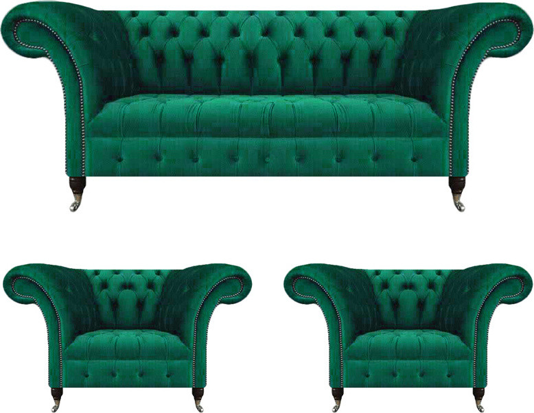3-delige Chesterfield woonkamerset met textiele bekleding in het groen